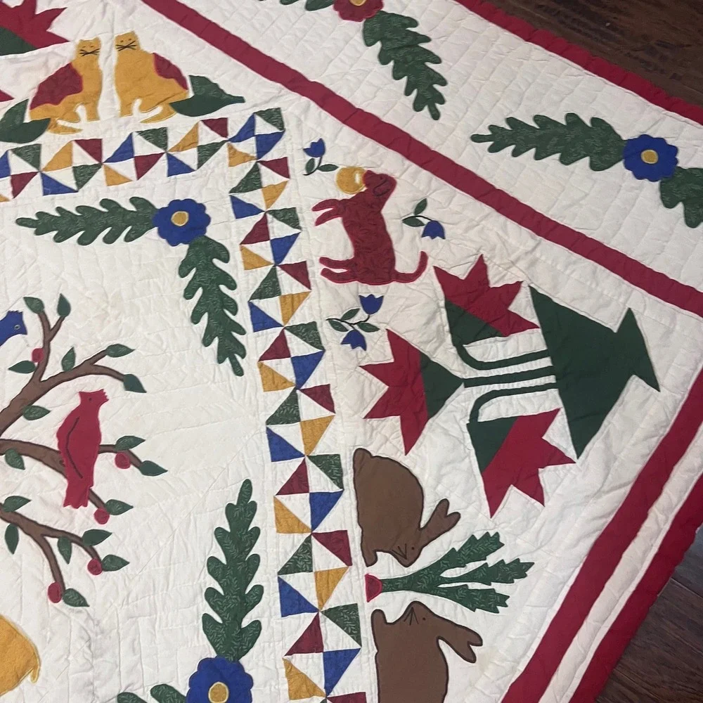 Vtg Handcrafted Baltimore Quilt Kit Folk Art Animal Tree of Life 84x68 Americana